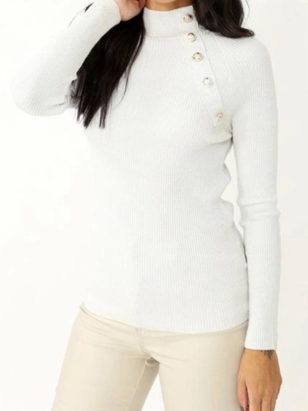 Zara Cream Ecru White Rib Knit Sweater with Gold Buttons size M